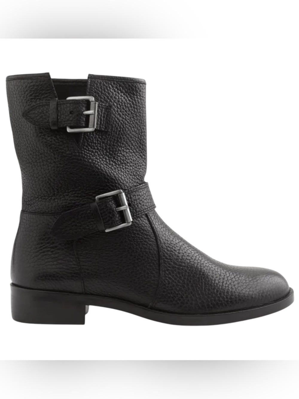 J.Crew Black Textured pebbled Leather Buckle Ankle Boots Moto Style Low Heel 6.5